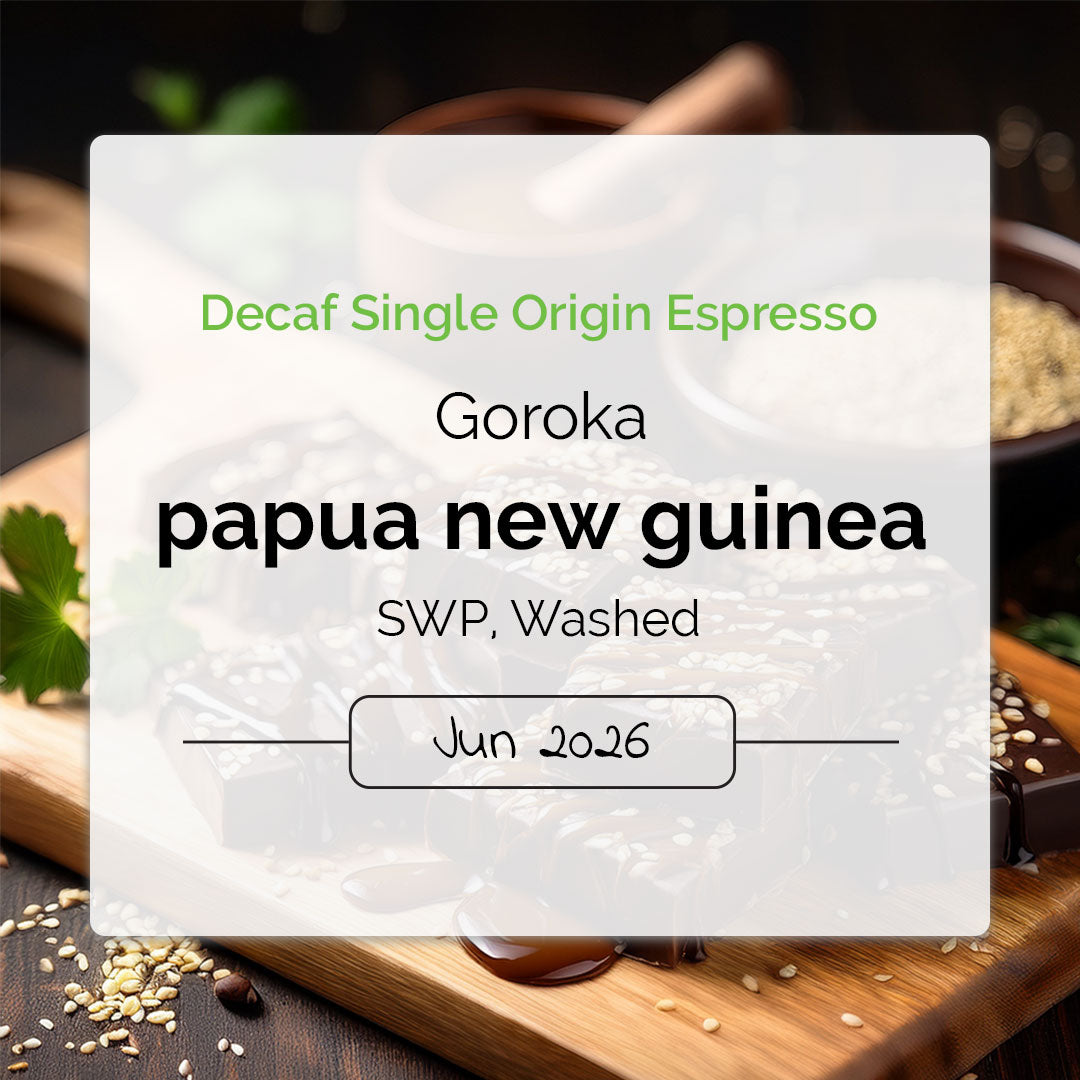 Decaf espresso from Papua New Guinea with flavors of toasted sesame, molasses and chocolate.